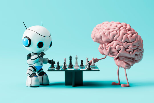 3D rendering of a brain playing chess against an AI robot on a blue background