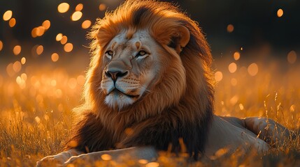 A majestic lion resting in the African savanna, its golden mane flowing, a symbol of power and royalty.