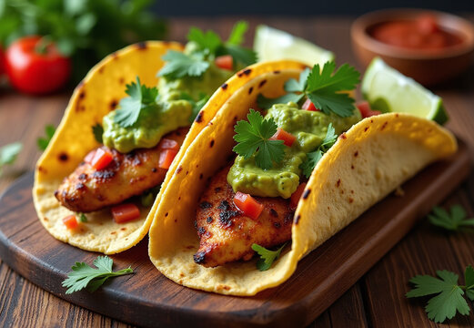 Two grilled chicken tacos with charred edges rest on a wooden board. They are topped with green guacamole, chopped red tomatoes, and fresh cilantro (Coriandrum sativum) leaves.