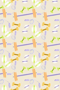 Colorful fitness equipment pattern illustration with dumbbells and barbells