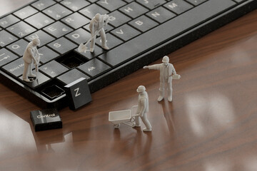 Miniature figures working on a computer keyboard in a 3D conceptual scene
