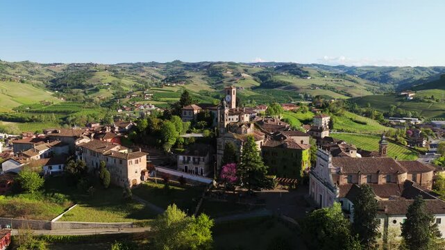 Aerial View Of Neive Comune Houses With Mountain Views In Italy.
