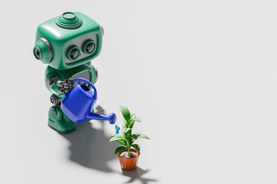3D rendering of a green robot watering a potted plant with a blue watering can on a white background