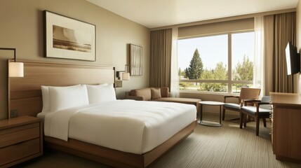 Modern hotel room featuring minimalist design, natural wood furniture, and soft, neutral colors