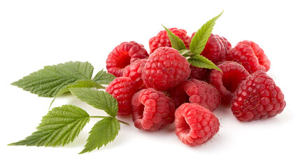raspberry with leaves on white background