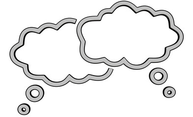 Two overlapping speech or thought bubbles, outlined in light gray, with smaller, lighter gray circles suggesting additional thoughts or ideas