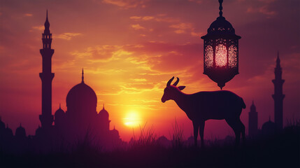 sunset in Eid al adha celebrate with Goat and mosque with yellow background