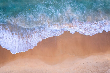Amazing Top view sea beach landscape background,Summer sea waves crashing on sandy shore seascape...