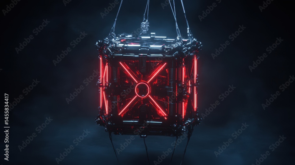 Poster futuristic technology cube with glowing red energy patterns suspended in a dark environment creates 
