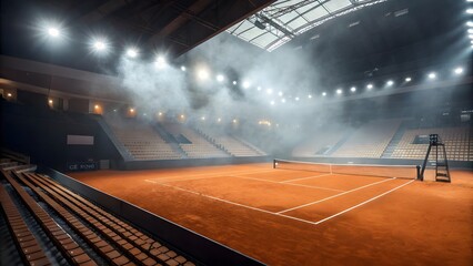 Moody Indoor Clay Tennis Court with Fog and Dramatic Lighting V6
