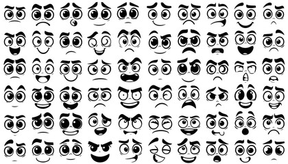 Obraz premium Cartoon face icon set with 60 black and white expressions. Features various emotions like joy, anger, sadness, and surprise. Ideal for comics, emojis, or design elements.