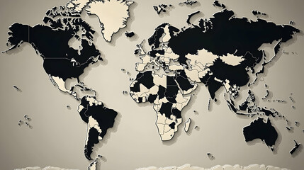 World map, shaded regions.  A world map showing shaded regions.  Various countries are highlighted,  suggesting different classifications or statuses.  Light beige background
