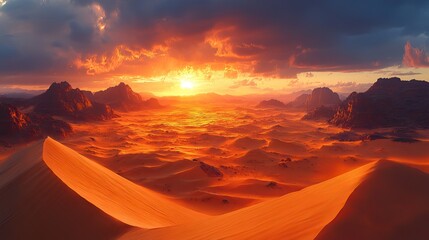 A panoramic view of a desert landscape at sunset, with towering sand dunes and long, dramatic shadows.