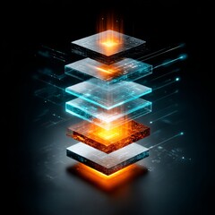 Abstract Layers of Technology: Glowing Cubes with Interconnected Data Paths and Processing Power