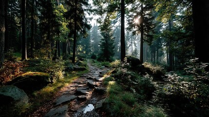 Obraz premium A peaceful forest path winding through tall trees with sunlight filtering through the leaves.