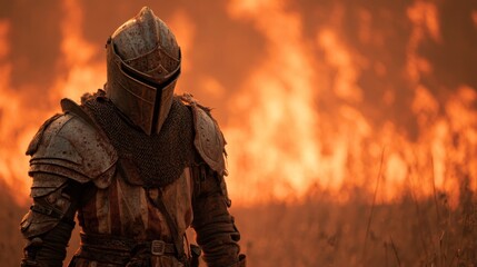 Obraz premium Medieval knight in armor standing before blazing fire in dramatic battlefield scene.