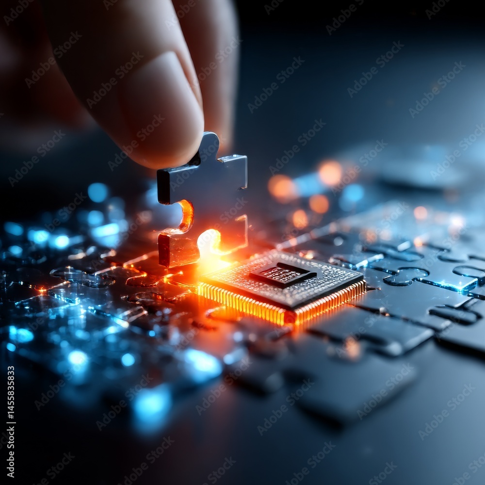Aufkleber completing the circuit: hand placing puzzle piece on illuminated microchip circuitry for technologic