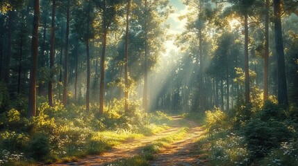 Fototapeta premium A peaceful forest path winding through tall trees, with dappled sunlight filtering through the leaves.