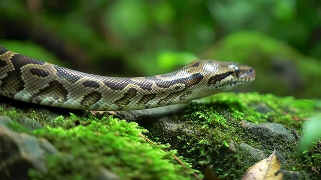 Camouflaged Python Rests on a Moss-Covered Rock in its Natural Habitat