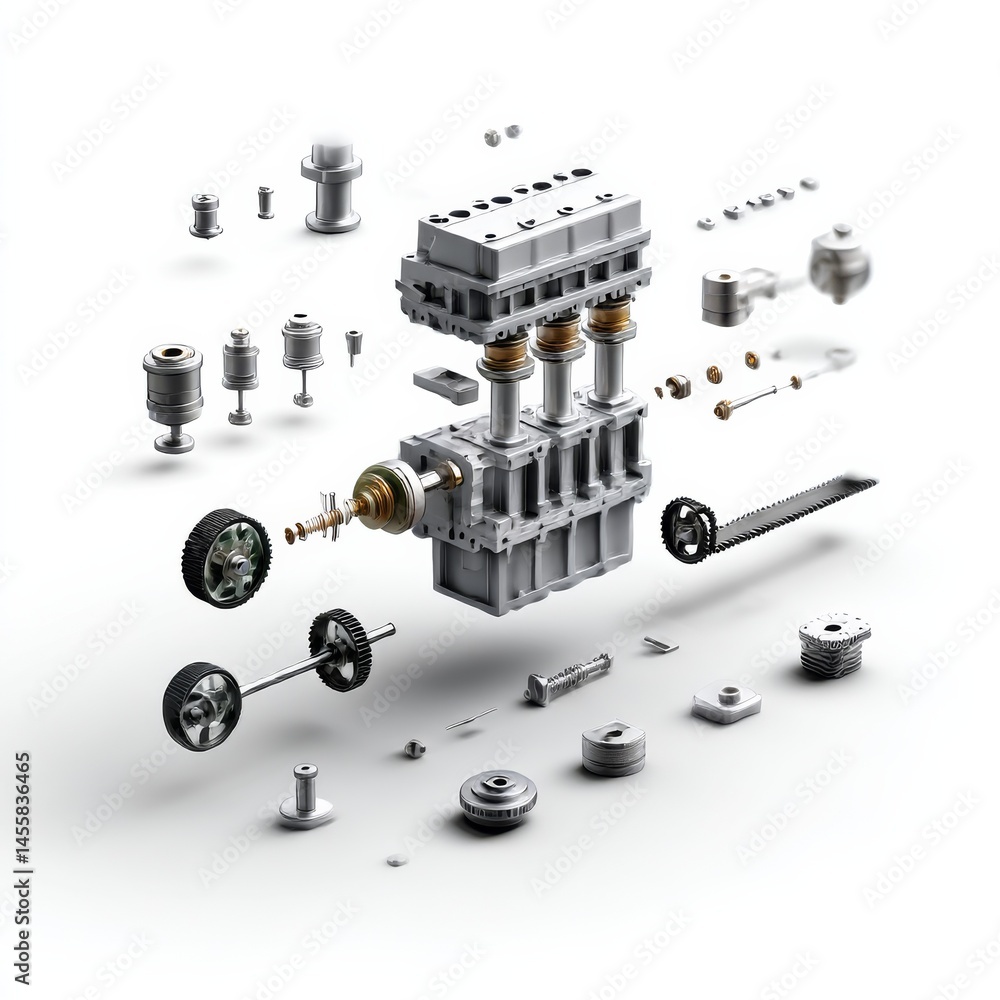 Aufkleber disassembled engine: a detailed view of internal parts in a cutaway design, emphasizing mechanics an