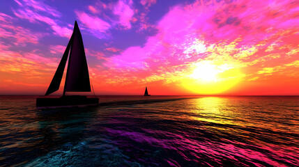 Two sailboats silhouetted against a vibrant sunset over a colorful ocean.  Clouds painted in fiery hues of pink and orange