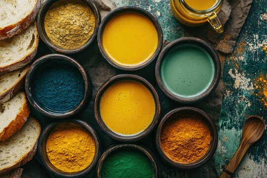 Vibrant array of colorful spices and liquids in wooden bowls displayed alongside crusty bread and juice.