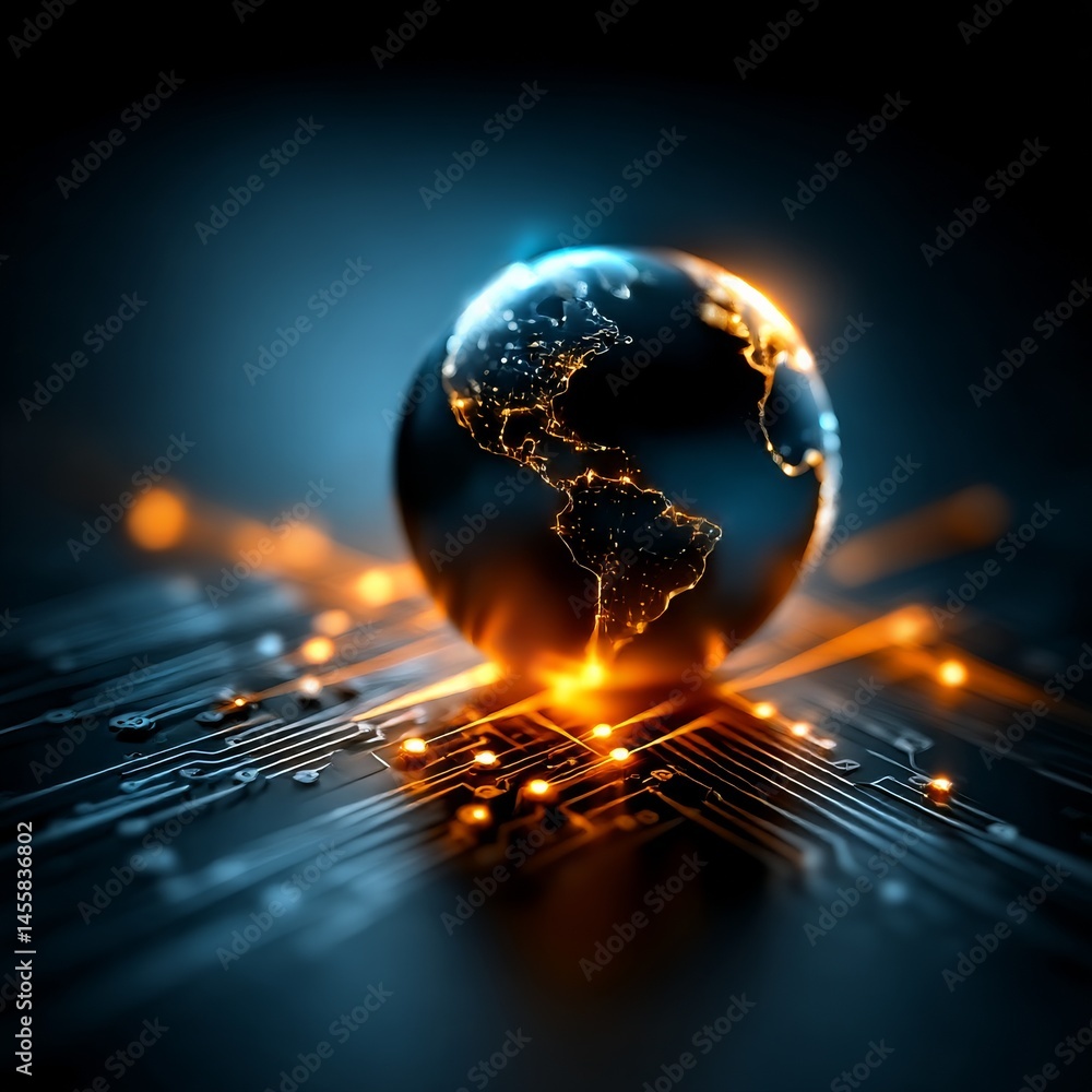 Aufkleber global connectivity: illuminated globe on a circuit board representing data flow and technology
