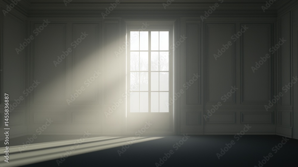 Poster sunlight streams through a large window, casting a warm glow on the room's walls and floor.