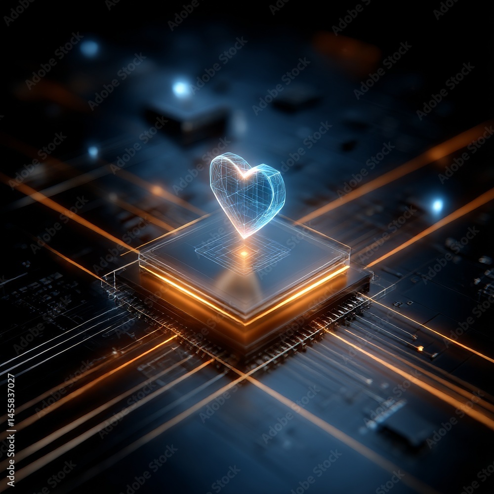 Poster Heart on a Processor: Abstract Futuristic Image Depicting Technology, Love, and Artificial Intelligence. 