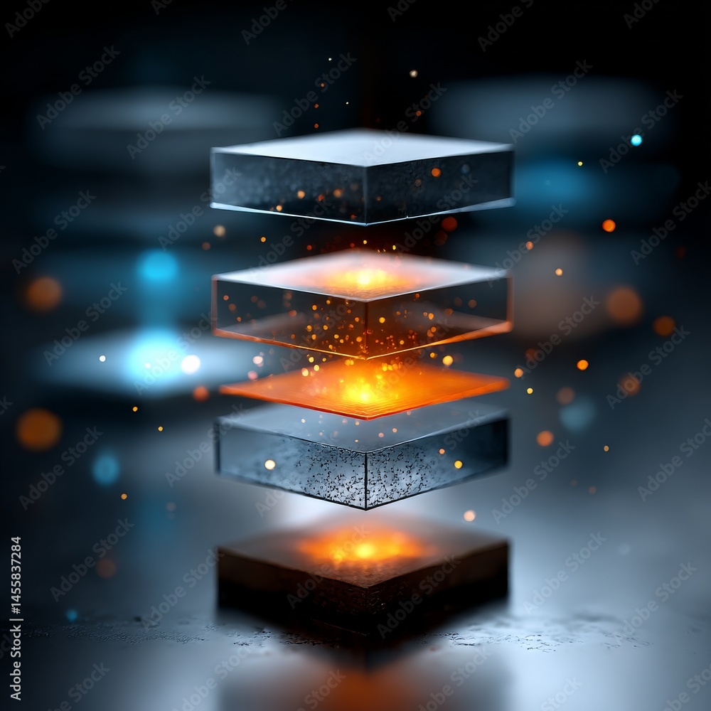 Fototapete Layered Data Visualization: Abstract Stacked Cubes with Glowing Particles and Bokeh Effects