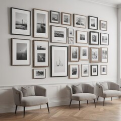 Elegant gallery wall mockup; diverse frames, white background, various sizes, styles,  collage,  metal frame