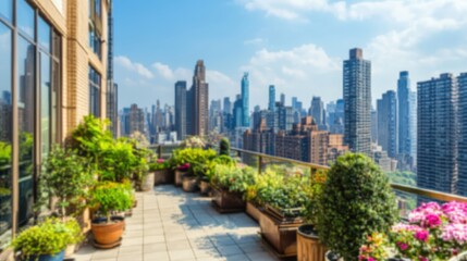Fototapeta premium Beautiful Cityscape from Balcony with Lush Greenery and Flowers