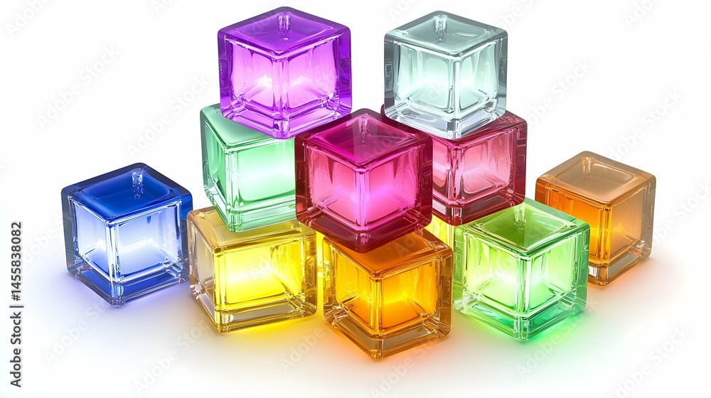 Poster multicolored translucent cubes stacked in a pyramid shape, glowing with vibrant inner light. each cu