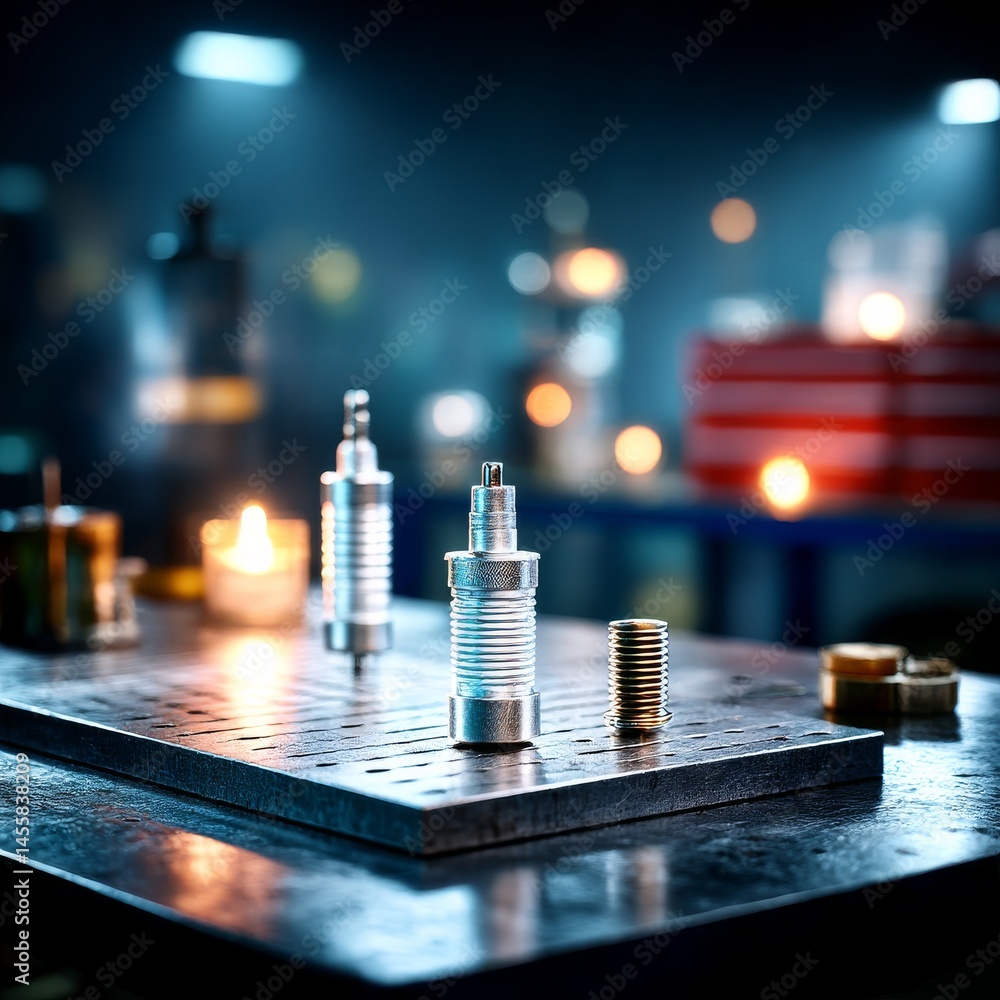 Fototapete precision machined components on a tooling plate, backlit in a workshop environment for quality cont