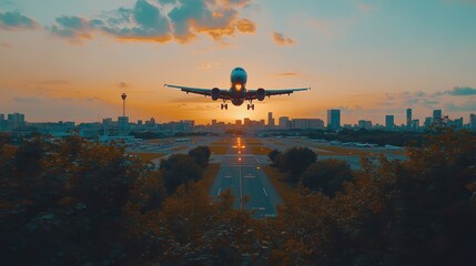 Fototapeta premium Majestic airplane landing at sunset over city. Vast cityscape, airport runway and plane in a breathtaking moment