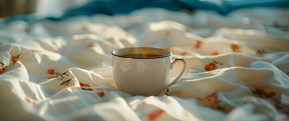 Cup of Coffee Resting on White Bed Blanket with Cozy Calm Morning Vibes and Home Lifestyle Concept