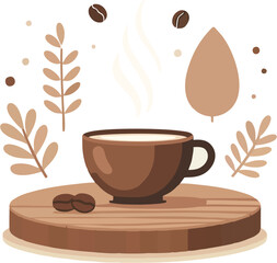 Warm Autumn Coffee Cup Illustration with Steam and Coffee Beans on Wooden Table &ndash; Cozy Fall Aesthetic Design