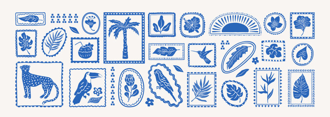 Tropical summer elements in frames. Exotic geometric pattern. Jungle nature sticker set. Leopard, palm tree, toucan, flowers, hibiscus,parrot, leaves, plumeria. © Anna Bova