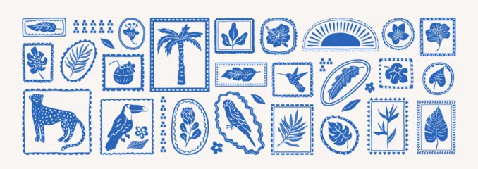 Papier peint photo Style bohème Tropical summer elements in frames. Exotic geometric pattern. Jungle nature sticker set. Leopard, palm tree, toucan, flowers, hibiscus,parrot, leaves, plumeria.  © Anna Bova