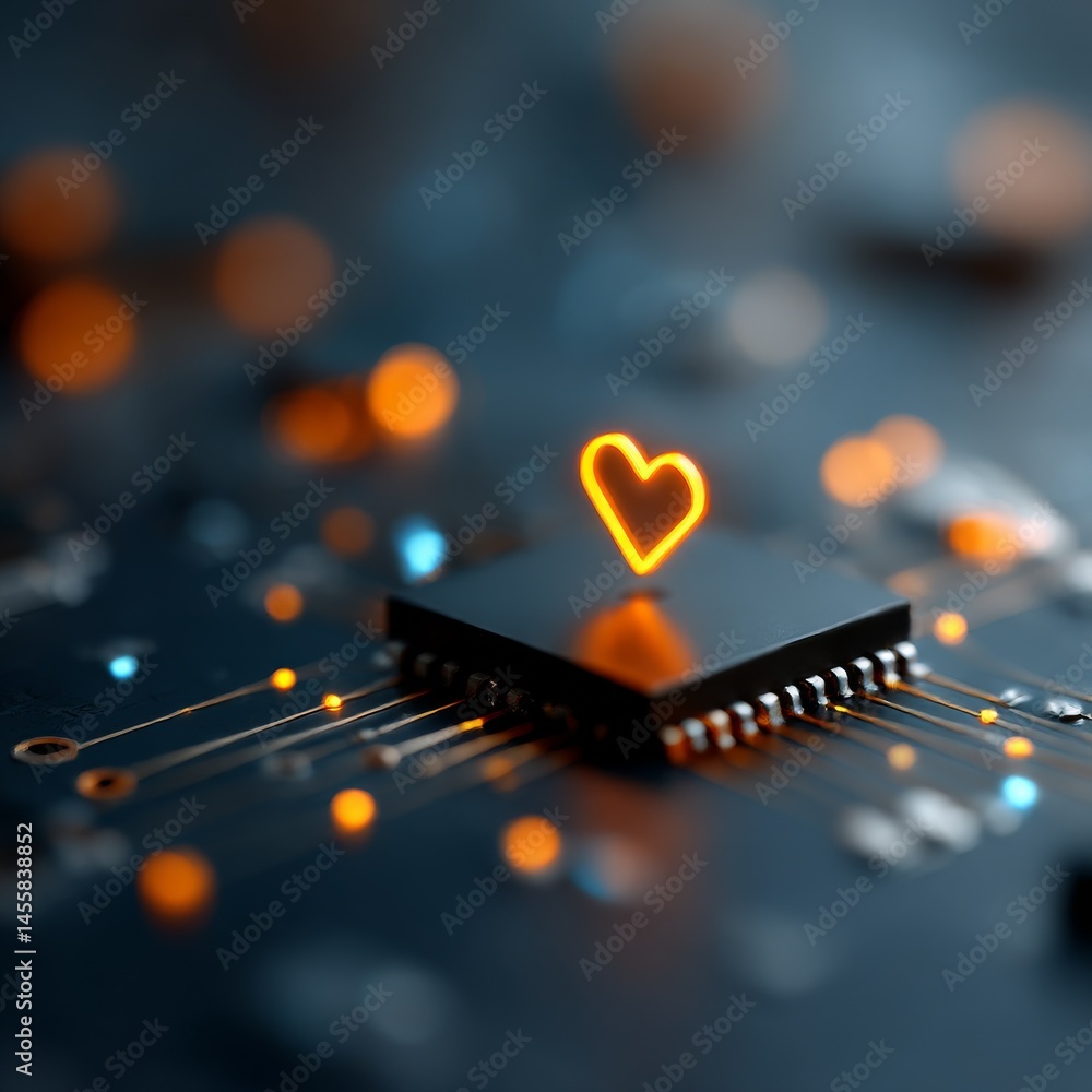 Aufkleber technology with a heart: electronic chip with glowing heart symbol, representing connection and inno