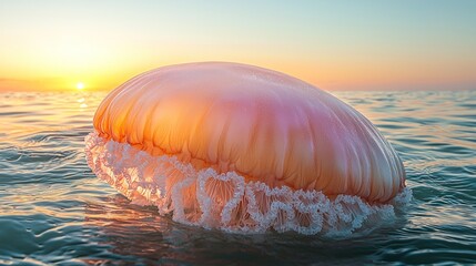 Large jellyfish floats on ocean surface during sunrise