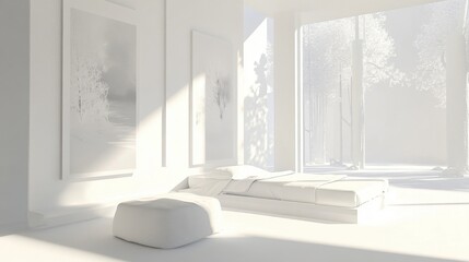 Modern room where all the elements are the same white color in: white walls, a white minimalist bed with white cotton sateen bed linen, white posters on the walls, white ottoman near the bed