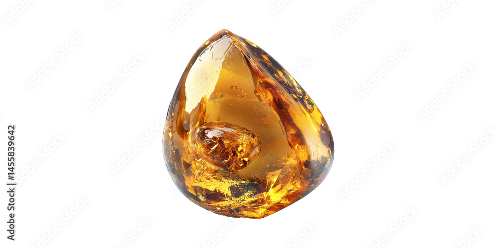 Poster amber gemstone with insect inclusion. fossilized resin specimen isolated on transparent background