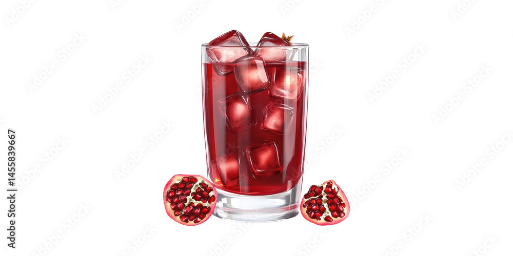 Poster glass of pomegranate juice with ice cubes and fresh pomegranate halves. refreshing beverage concept 