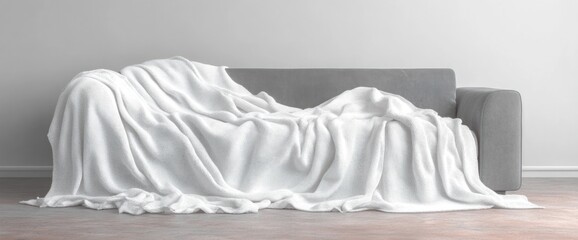 A white blanket draped over a gray couch in a minimalist room