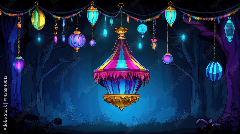 Aufkleber enchanting pixelated forest illuminated by vibrant magical lanterns casting a surreal glow creating 