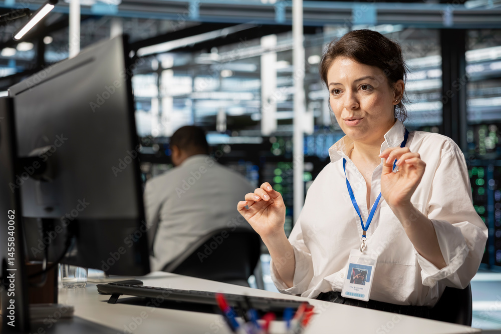 Poster data center technician inspecting gear, doing maintenance tasks, checking performance diagnostics. s