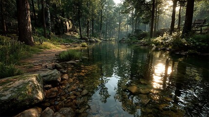 Obraz premium A quiet forest stream with sunlight dappling the water, creating a peaceful and inviting scene.