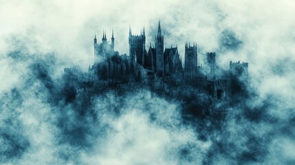 Fototapeta premium Mysterious Castle Surrounded by Fog in Dark Atmospheric Setting