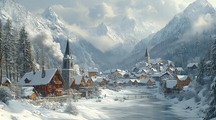 Fototapeta premium A quiet snow-covered village nestled in a valley, smoke curling from chimneys, a scene of winter charm.